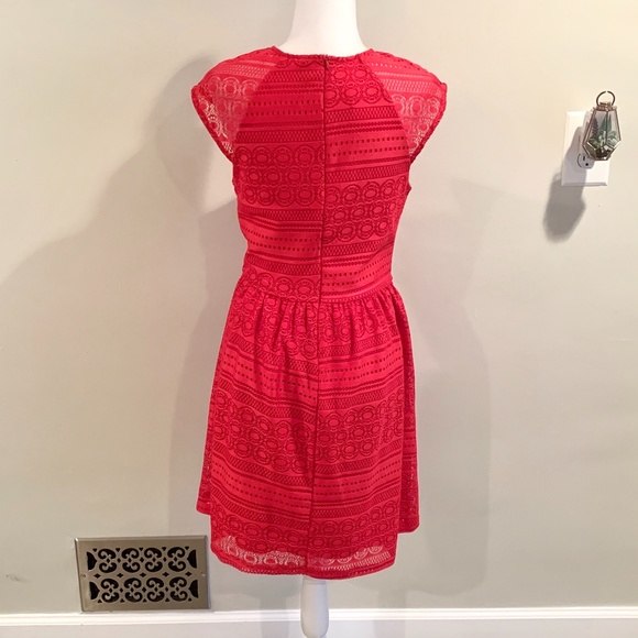 buttons Red Lace Cap Sleeve fit and flare Dress - Picture 3 of 7